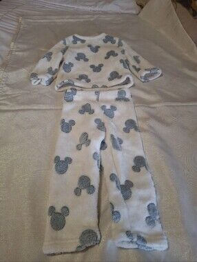 Disney White Fleece Pajama Set with Gray Mickey Silhouettes